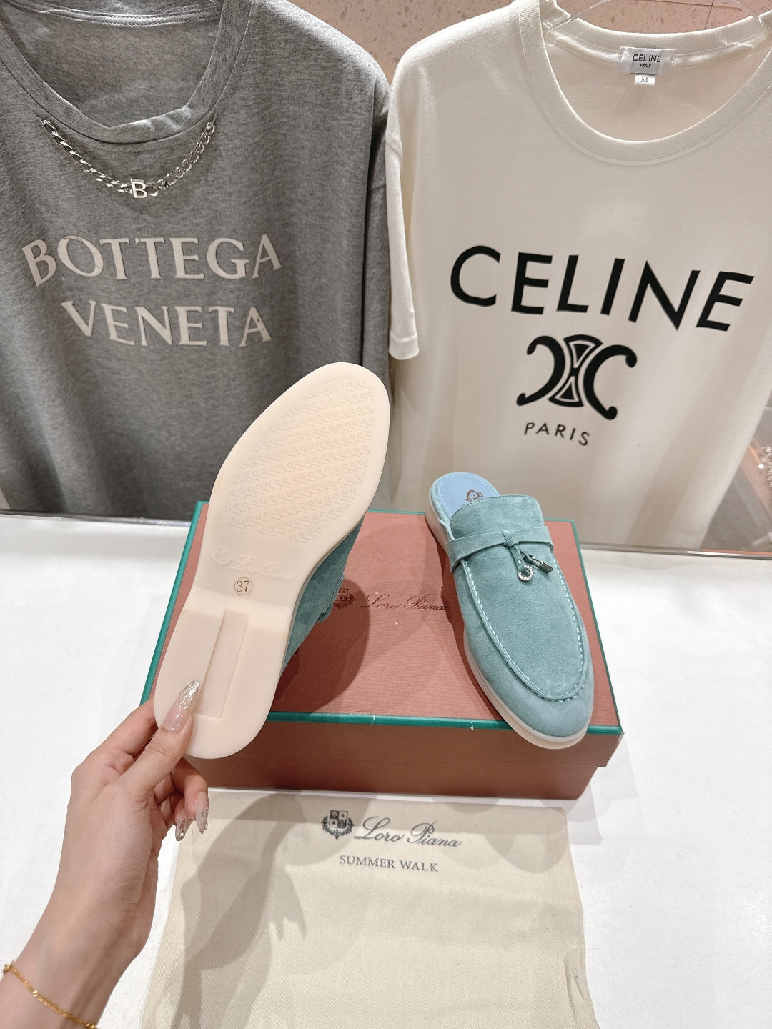Loro Piana 2026 Babouche Charms Walk Mule Sky Blue Suede
