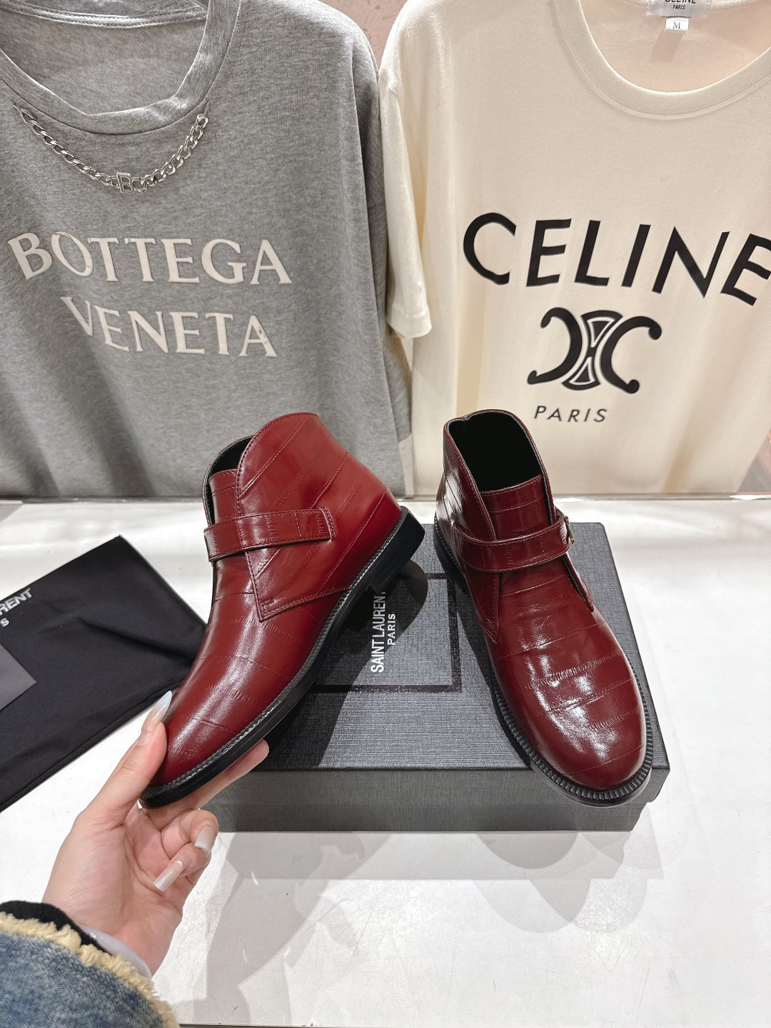 YSL 2025 Brogue Chelsea Ankle Boots Loafer Burgundy Cowhide 567585