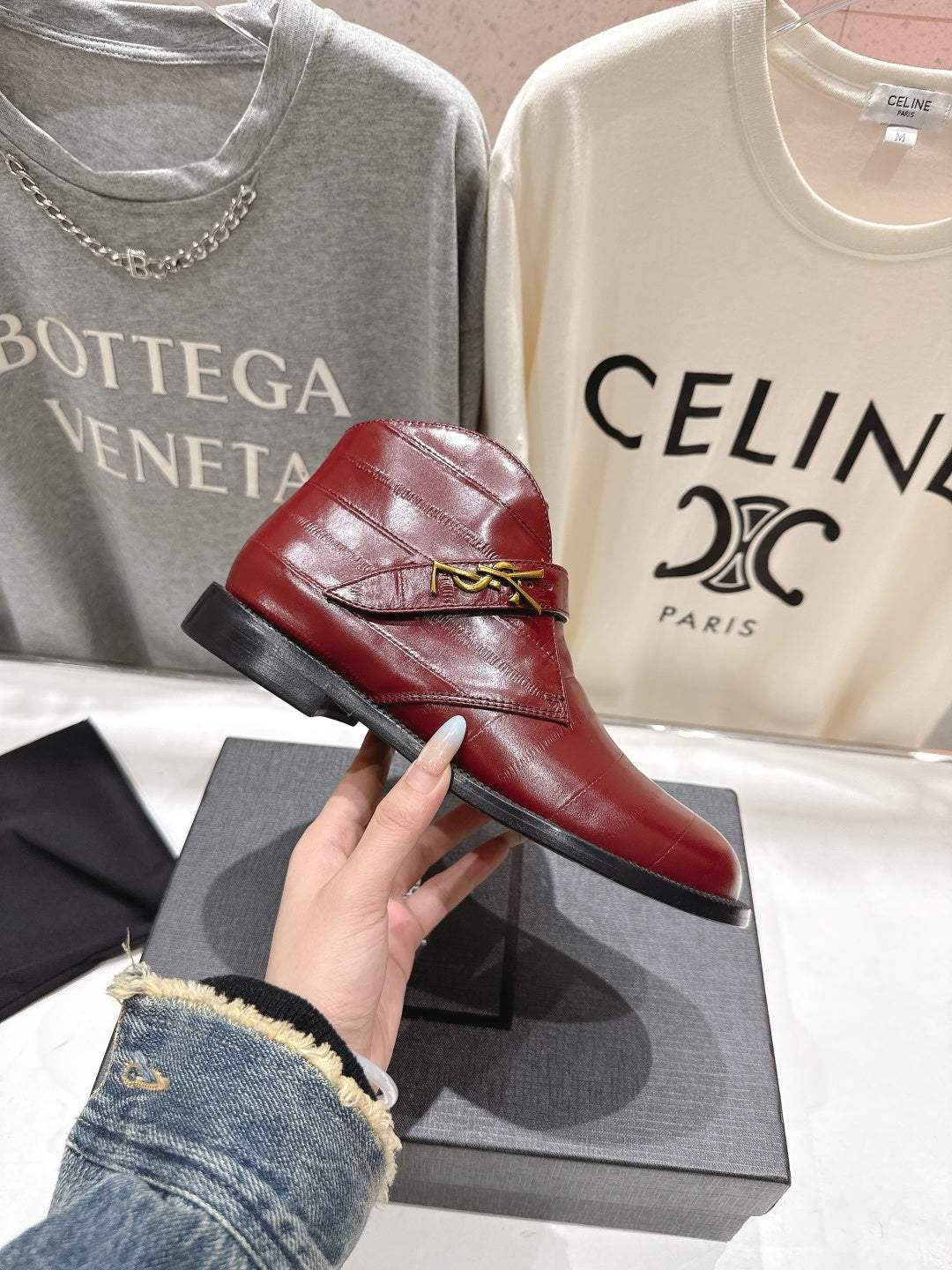 YSL 2025 Brogue Chelsea Ankle Boots Loafer Burgundy Cowhide 567585