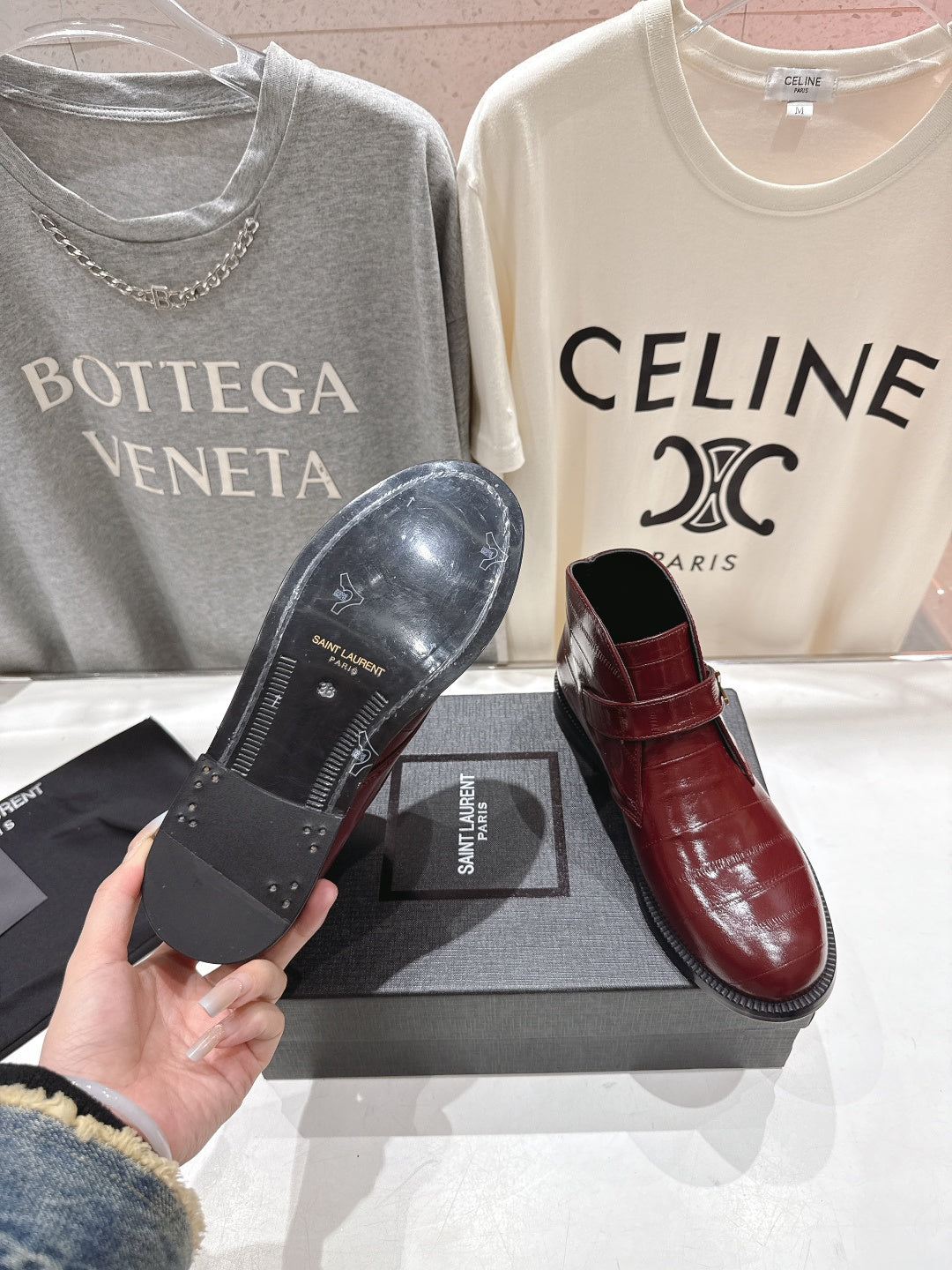 YSL 2025 Brogue Chelsea Ankle Boots Loafer Burgundy Cowhide 567585