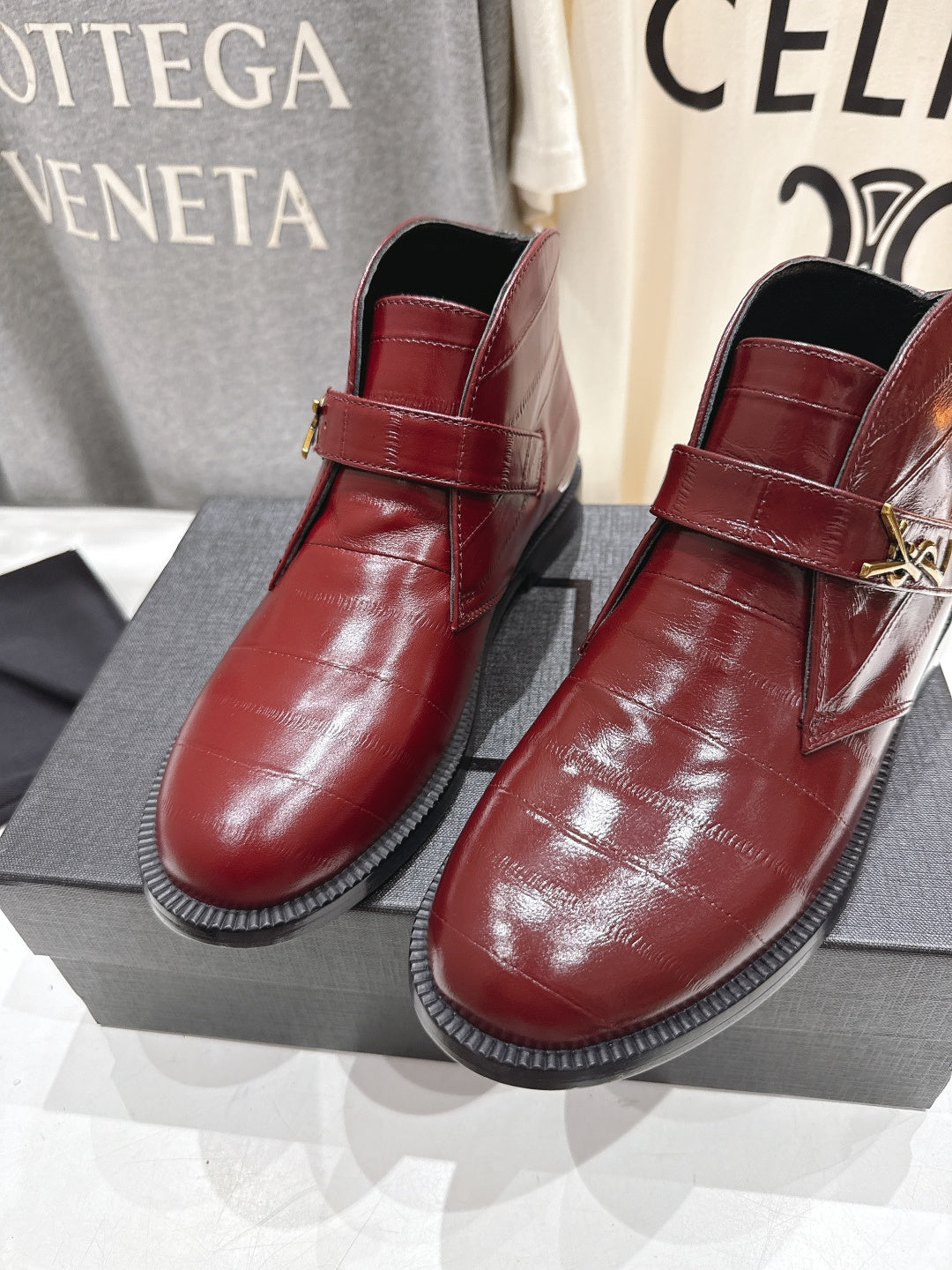 YSL 2025 Brogue Chelsea Ankle Boots Loafer Burgundy Cowhide 567585