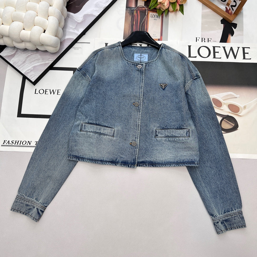 Prada 2025 Three-button Triangle Logo Denim Cropped Jacket Blue Cotton