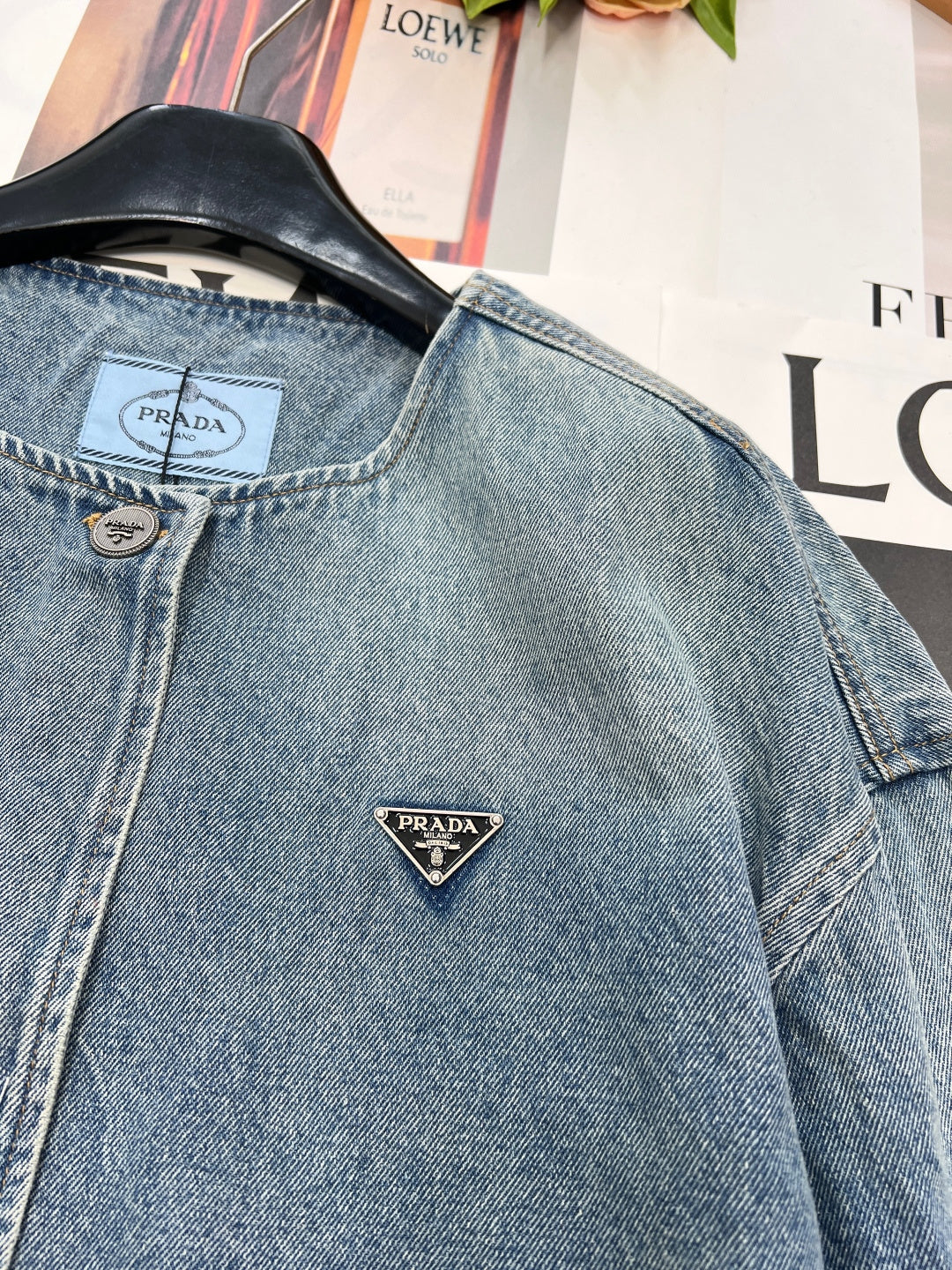 Prada 2025 Three-button Triangle Logo Denim Cropped Jacket Blue Cotton