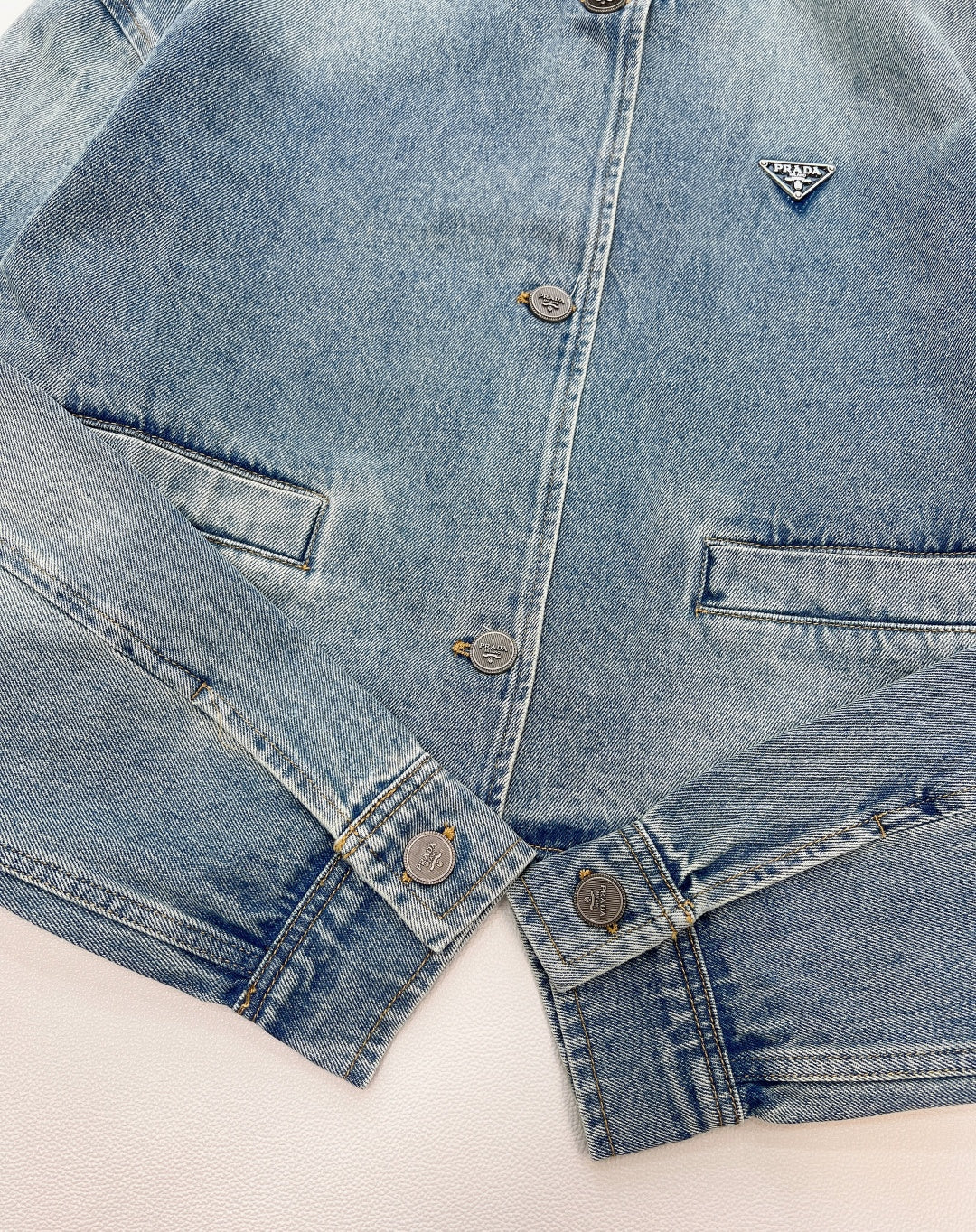 Prada 2025 Three-button Triangle Logo Denim Cropped Jacket Blue Cotton