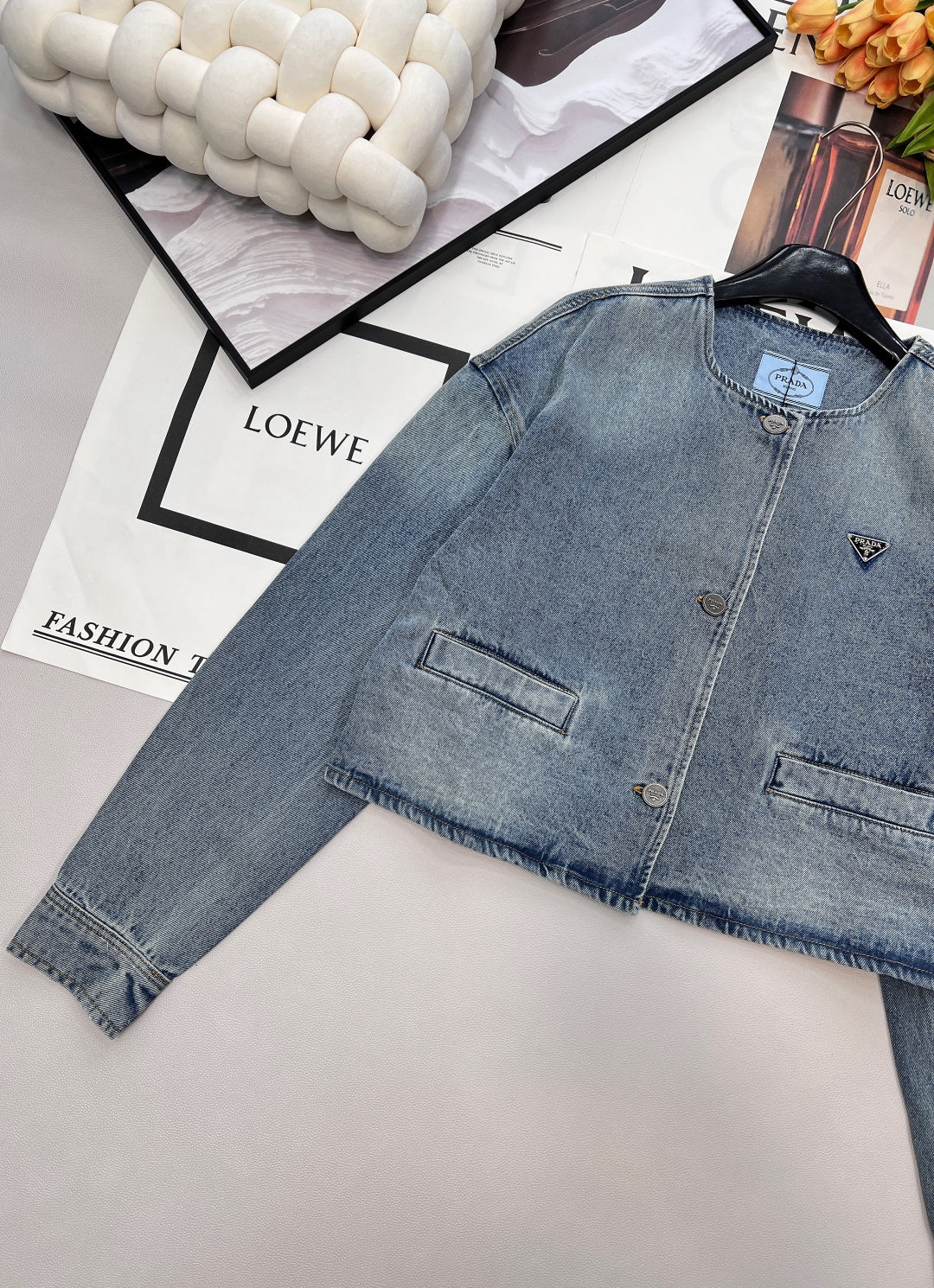 Prada 2025 Three-button Triangle Logo Denim Cropped Jacket Blue Cotton