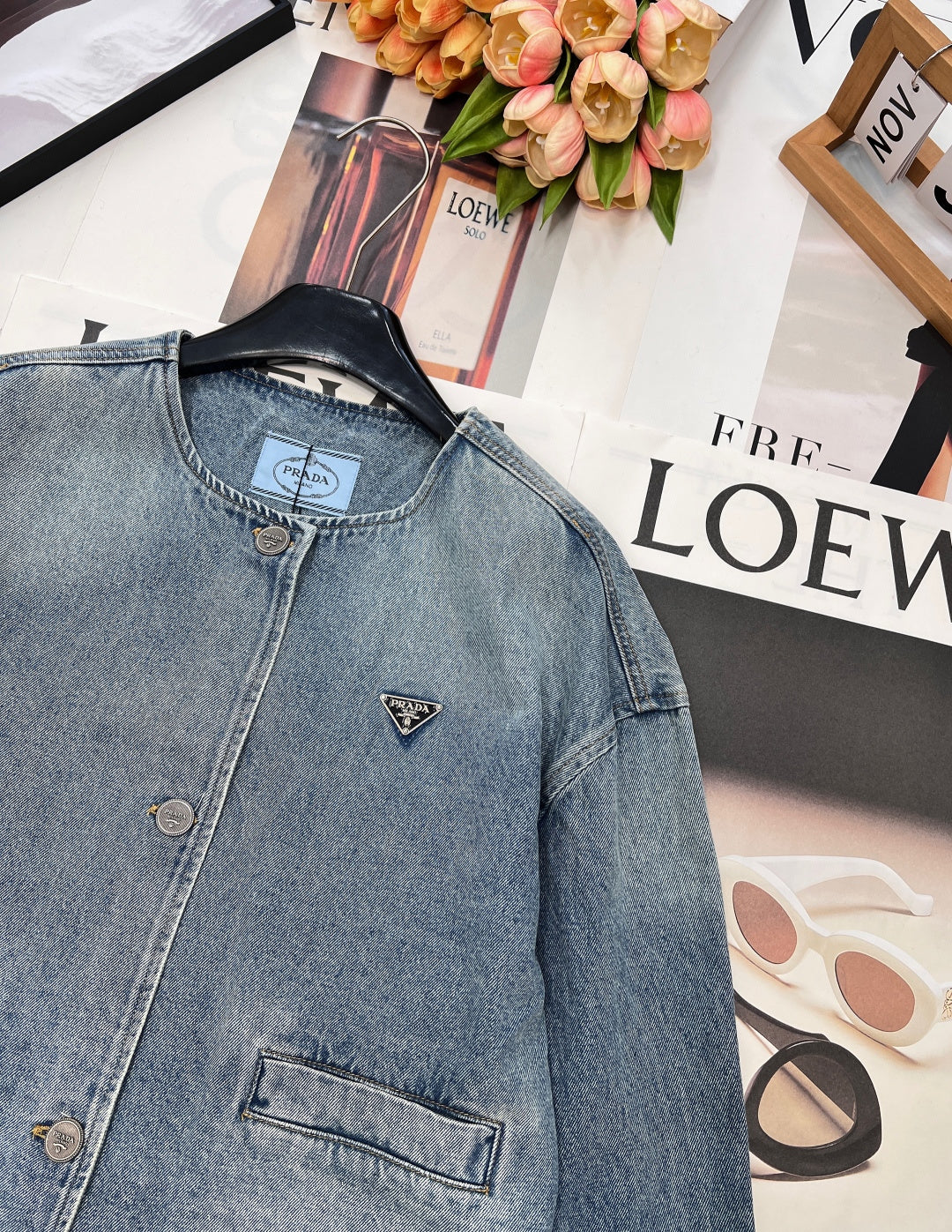 Prada 2025 Three-button Triangle Logo Denim Cropped Jacket Blue Cotton