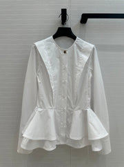 LV 25 Pleated Waist Round Neck Shirt White Cotton
