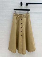 CD 25 Belted Single-breasted Long Skirt Khaki Cotton