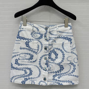 CC 25 Printed Denim Single-breasted Short Skirt Blue White Cotton
