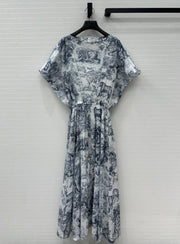 CD 25 Boat Neck Long Skirt Blue White Cotton