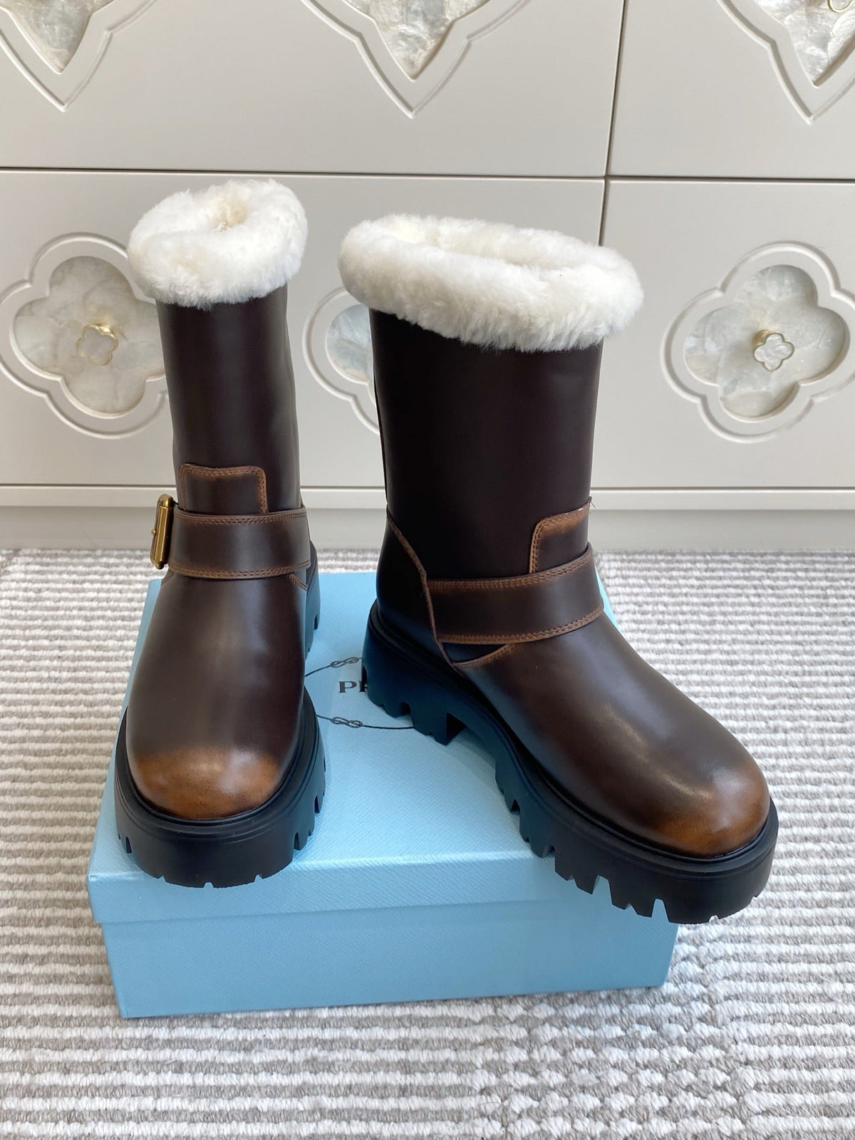 Prada 2026 Biker Platform Boots Suede Cowhide Wool 147125