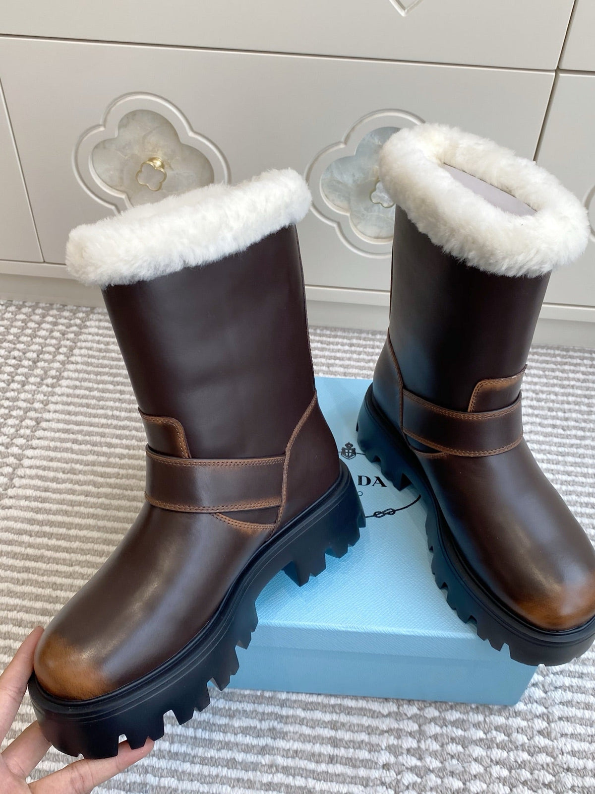 Prada 2026 Biker Platform Boots Suede Cowhide Wool 147125