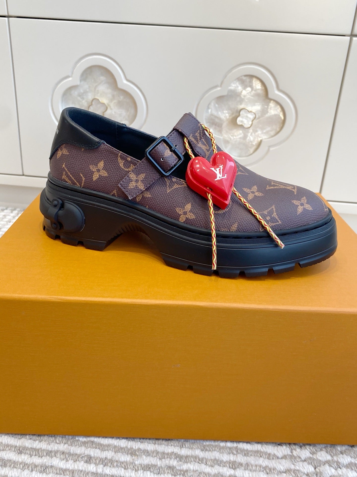 LV 2026 T-strap Loafer With Heart-shaped Brown Red Canvas Cowhide 595877