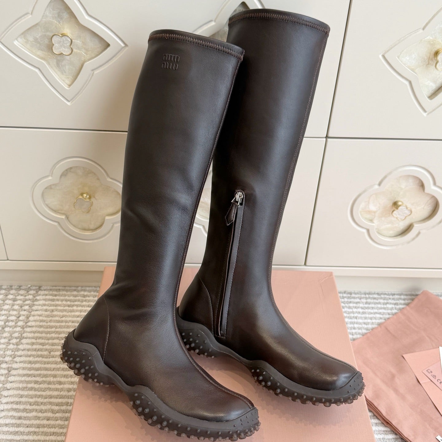 Miumiu 2026 Retro Sporty High-Top Stretch Boots Sheepskin 955678