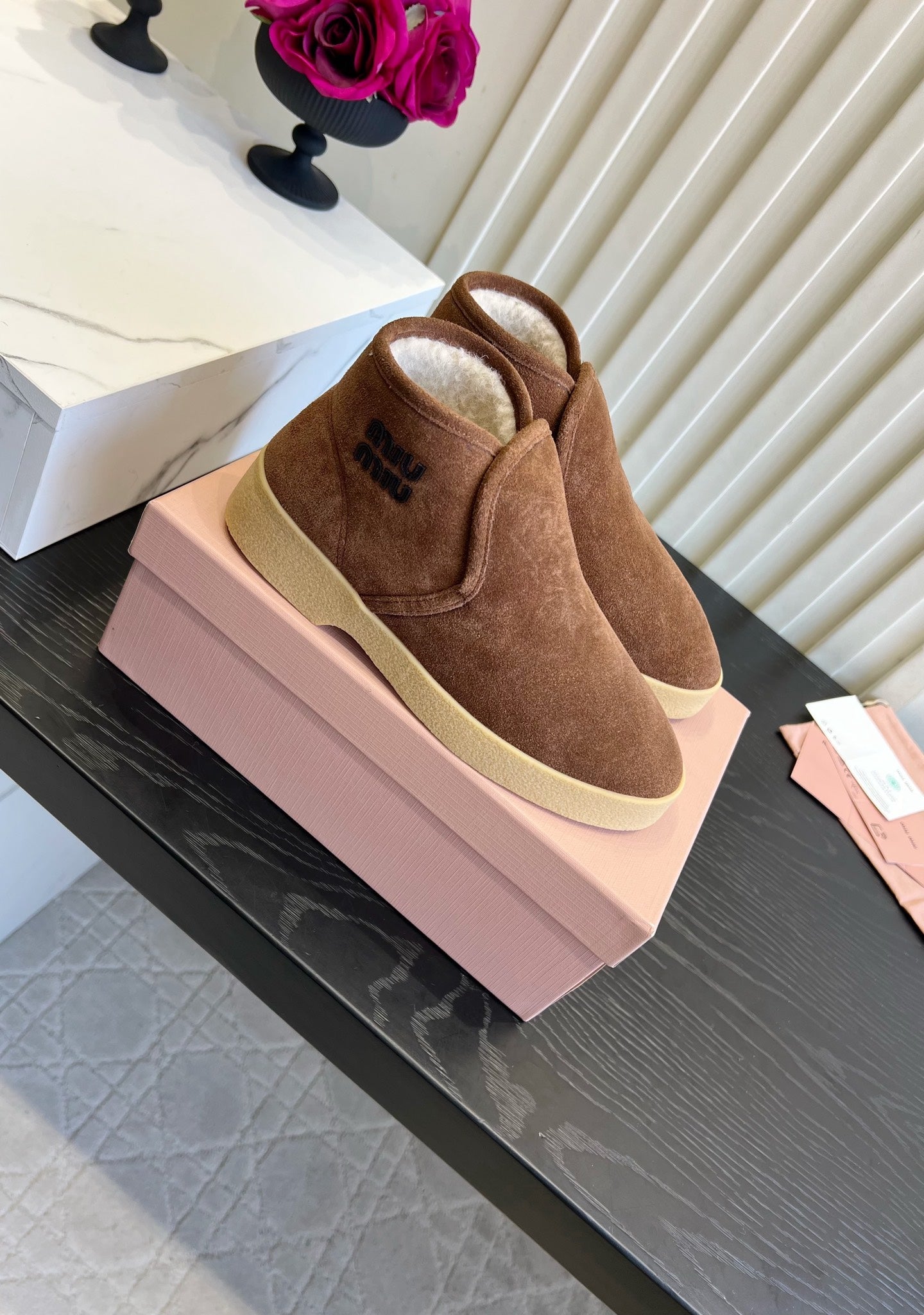 Miu Miu 2026 Slip-On Wool Ankle Boots Brown Suede 977049