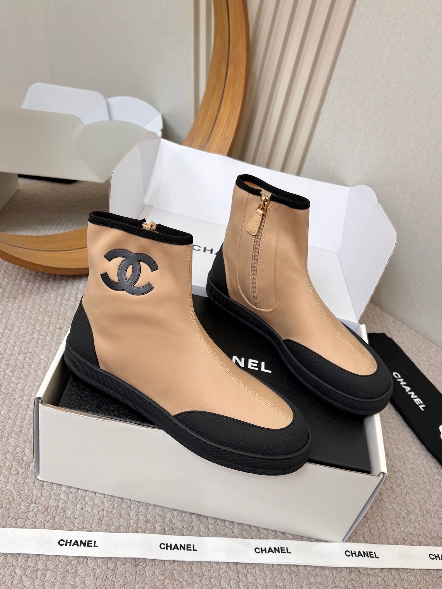 Chanel 2026 Double-C Metal Logo Ankle Boots Canvas Sheepskin 826495