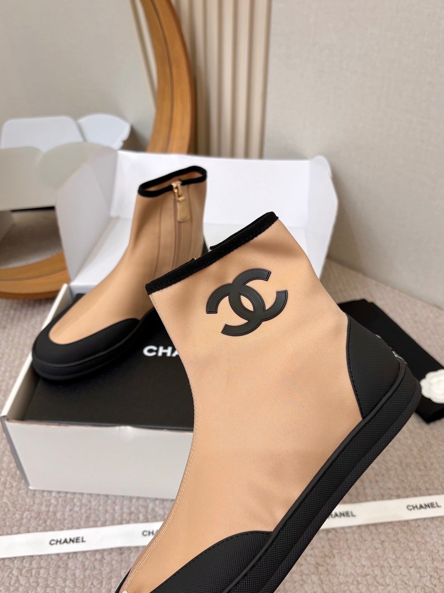 Chanel 2026 Double-C Metal Logo Ankle Boots Canvas Sheepskin 826495