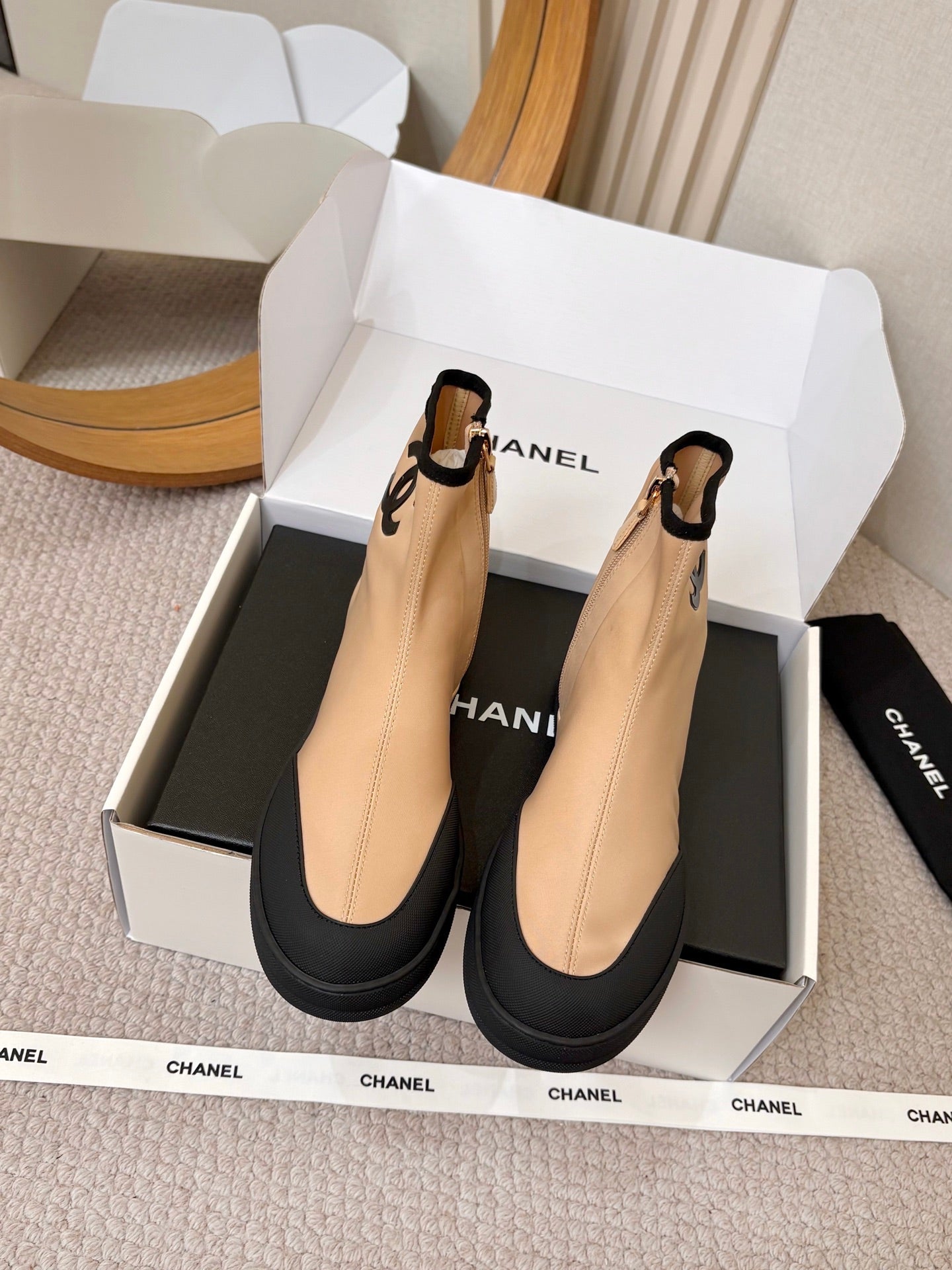 Chanel 2026 Double-C Metal Logo Ankle Boots Canvas Sheepskin 826495