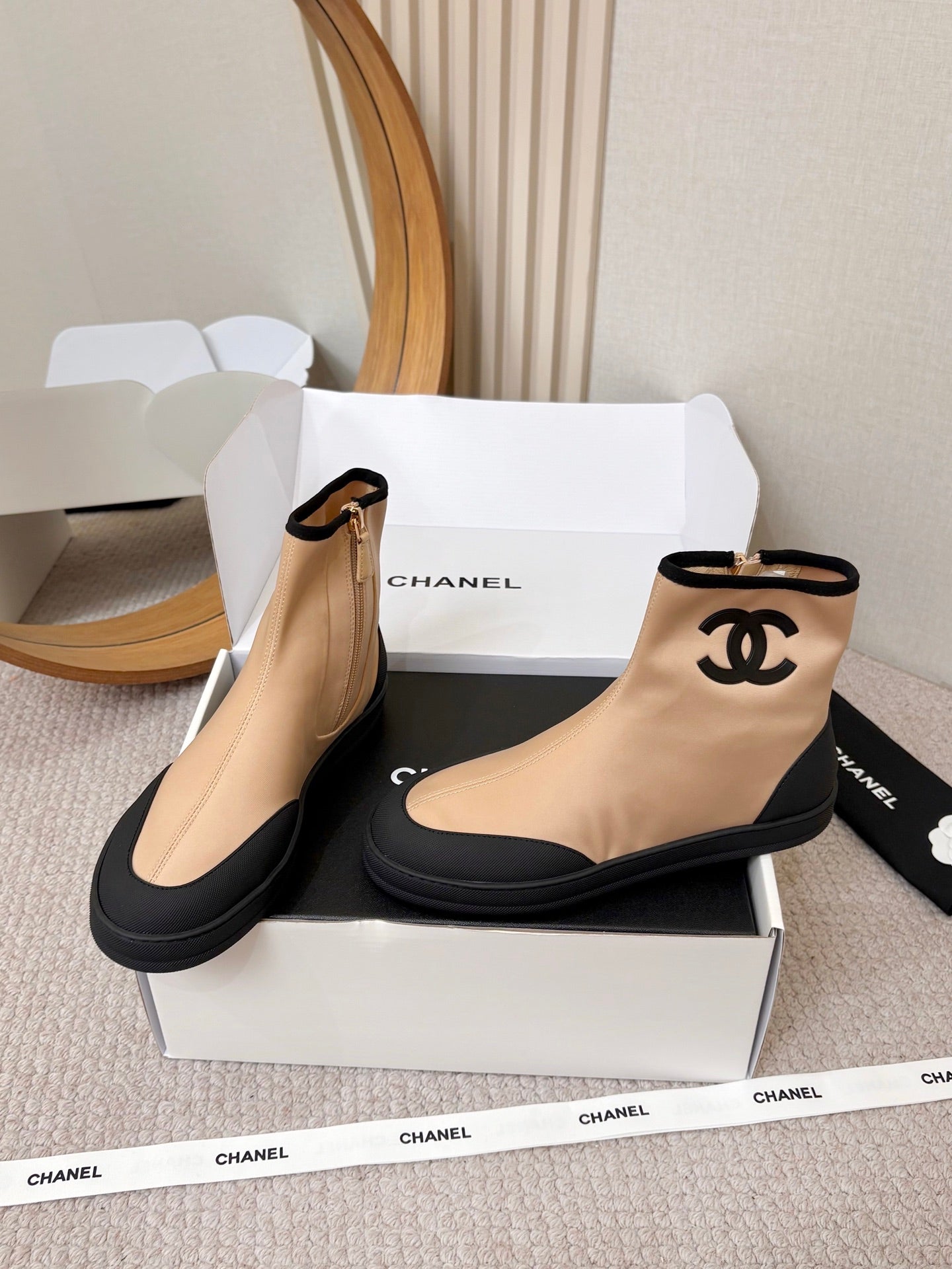 Chanel 2026 Double-C Metal Logo Ankle Boots Canvas Sheepskin 826495
