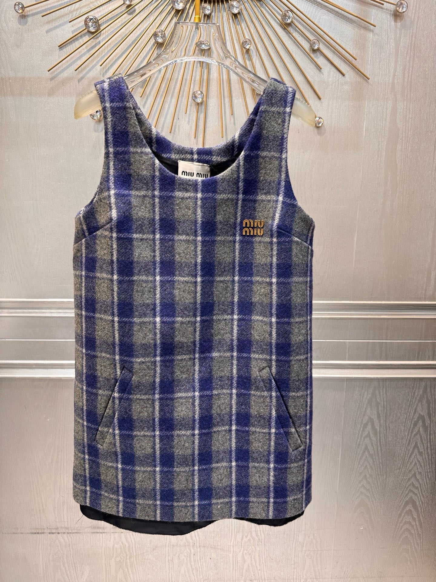 Miumiu 2026 Plaid Vest Dress Blue-Gray Wool Viscose