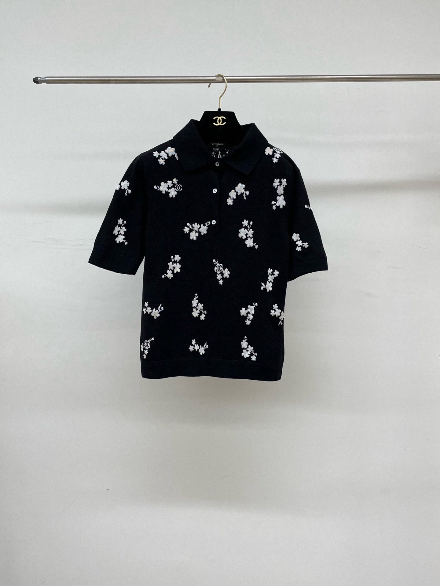 Chanel 2026 Floral Print Polo Shirt Black and White Cotton