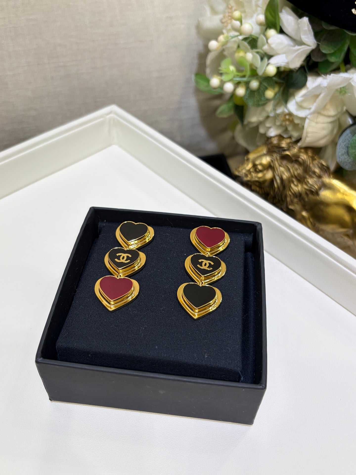 Chanel 2026 Gold Double C Black Heart Enamel Long Stud Earrings
