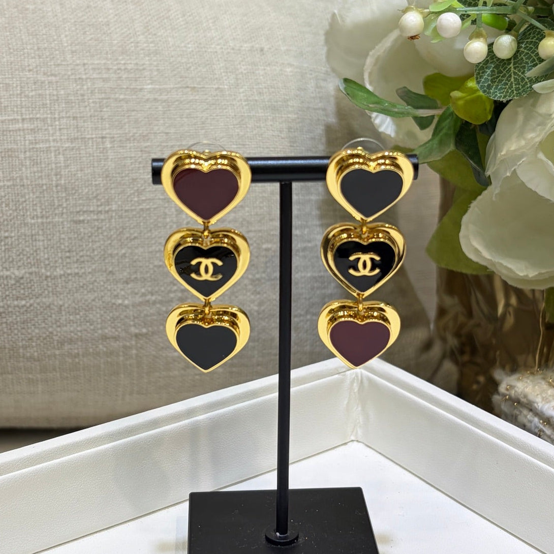 Chanel 2026 Gold Double C Black Heart Enamel Long Stud Earrings