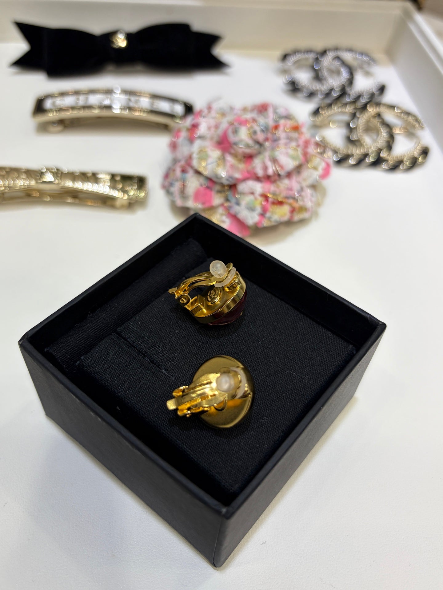 Chanel Gripoix Earrings With Gold CC Logo And Red Glass Stones