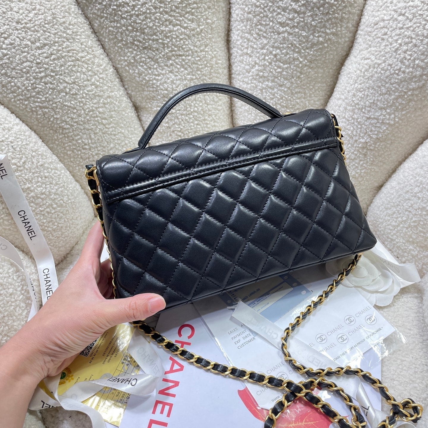 CC 25P Medium Flap Bag 25cm Top Handle Black Calfskin Gold Hardware