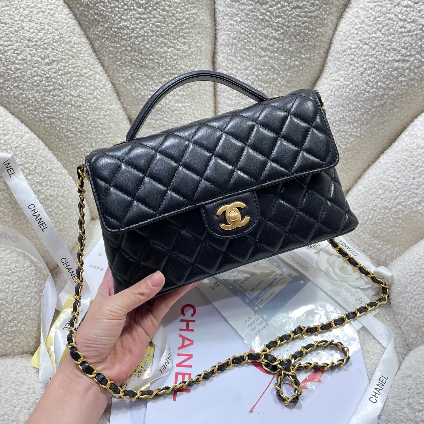 CC 25P Medium Flap Bag 25cm Top Handle Black Calfskin Gold Hardware