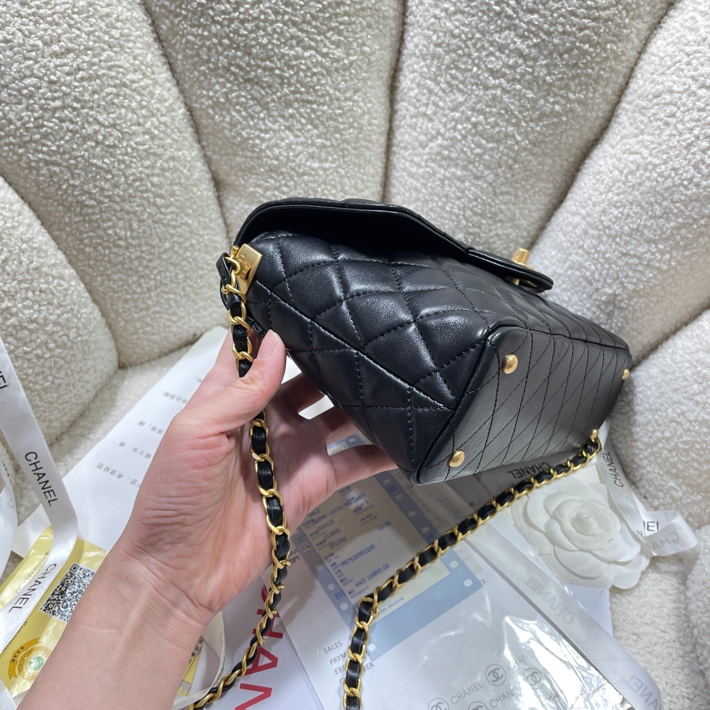 CC 25P Medium Flap Bag 25cm Top Handle Black Calfskin Gold Hardware