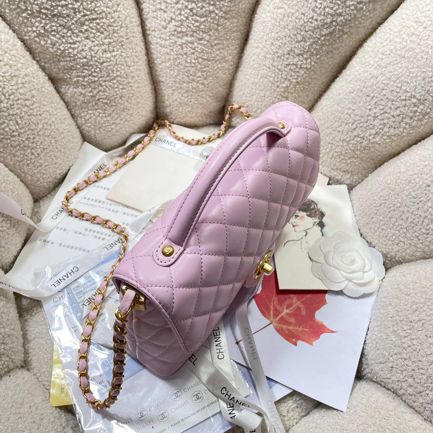 CC 25P Medium Flap Bag 25cm Top Handle Pink Calfskin Gold Hardware