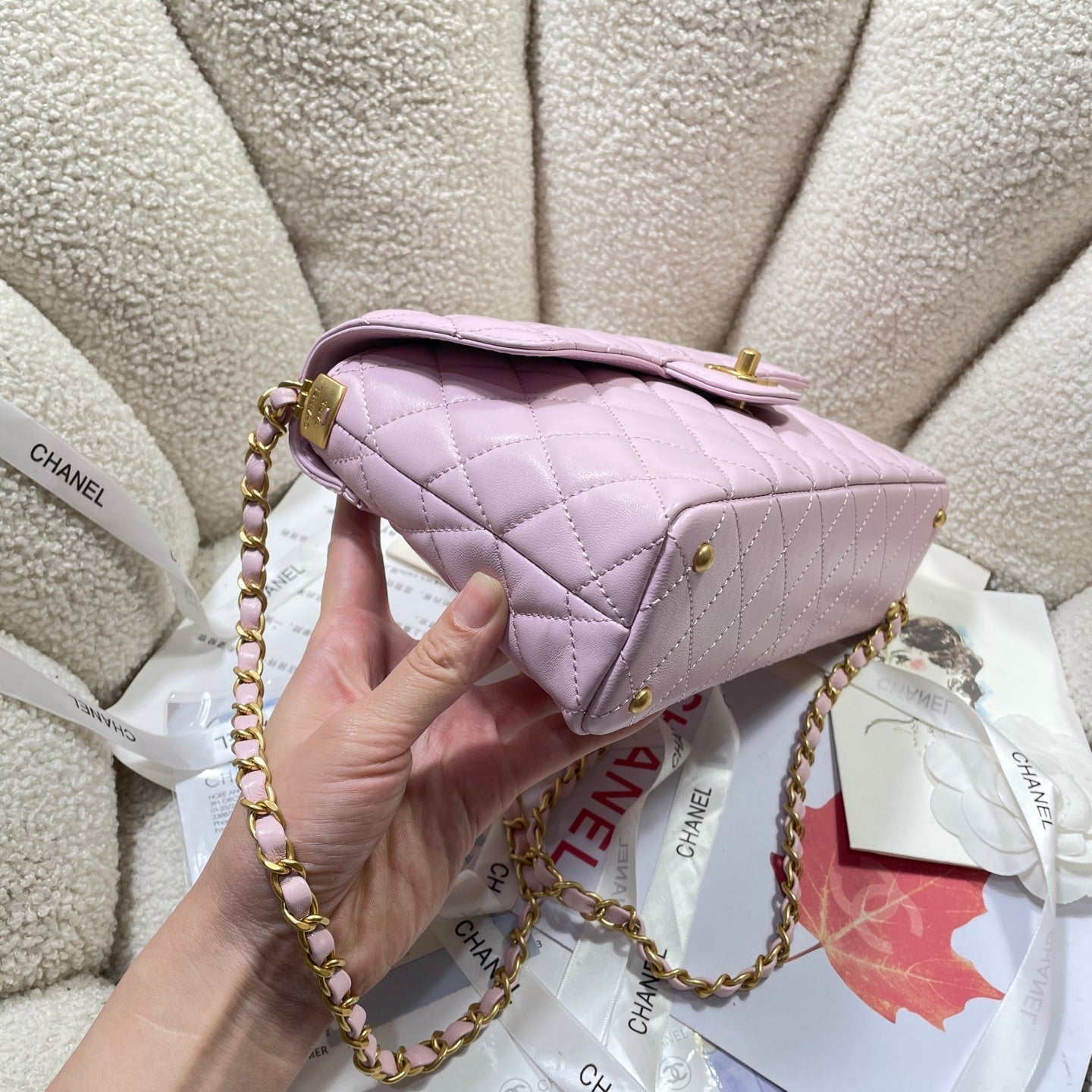 CC 25P Medium Flap Bag 25cm Top Handle Pink Calfskin Gold Hardware