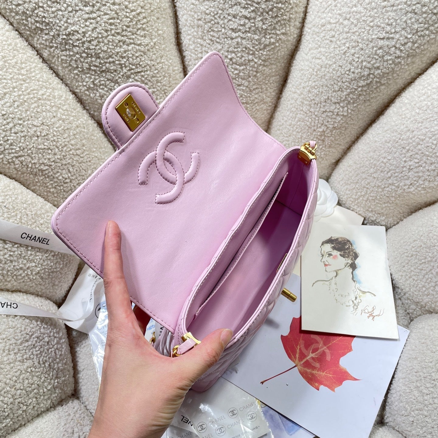 CC 25P Medium Flap Bag 25cm Top Handle Pink Calfskin Gold Hardware