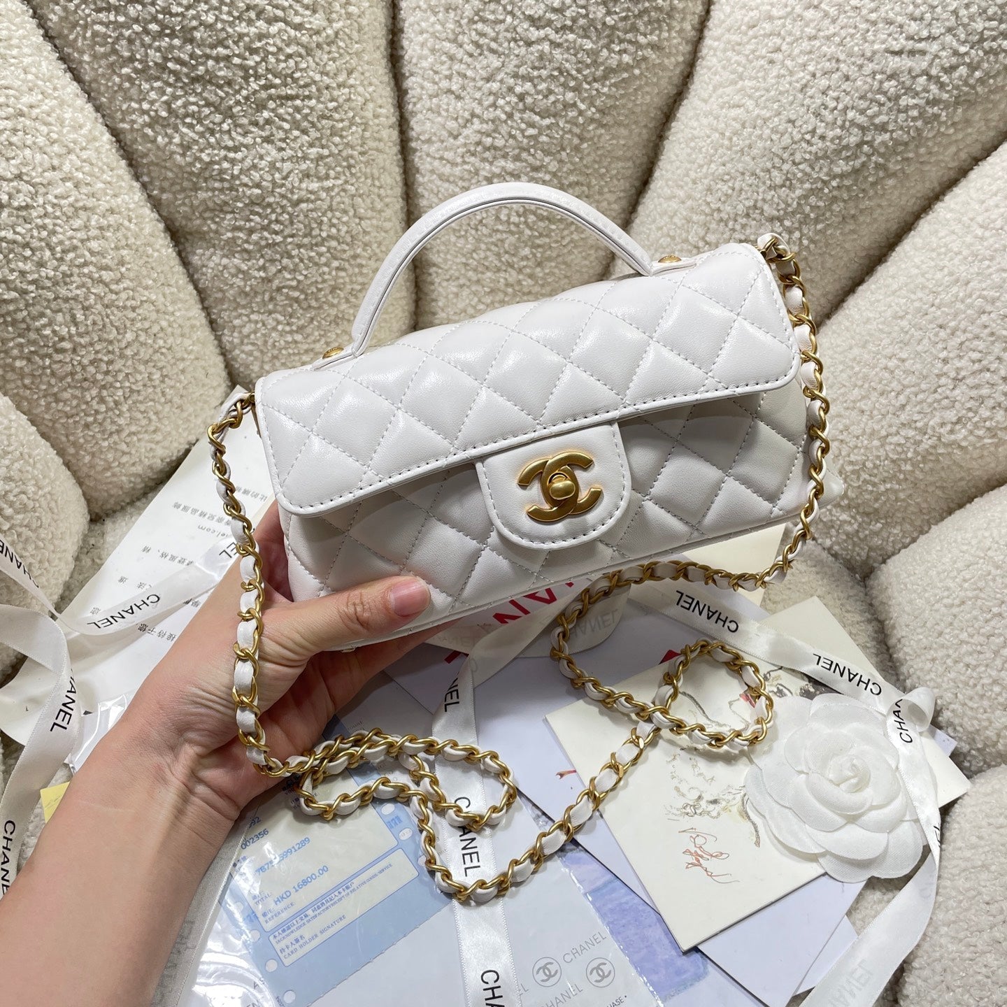 CC 25P Mini Flap Bag 22cm Top Handle Cream Calfskin Gold Hardware