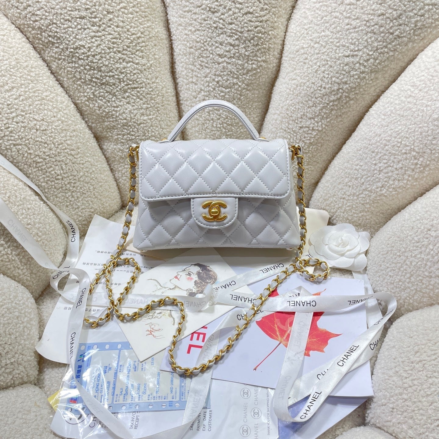 CC 25P Mini Flap Bag 20cm Top Handle Grey Calfskin Gold Hardware