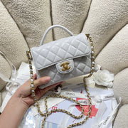 CC 25P Mini Flap Bag 20cm Top Handle Grey Calfskin Gold Hardware