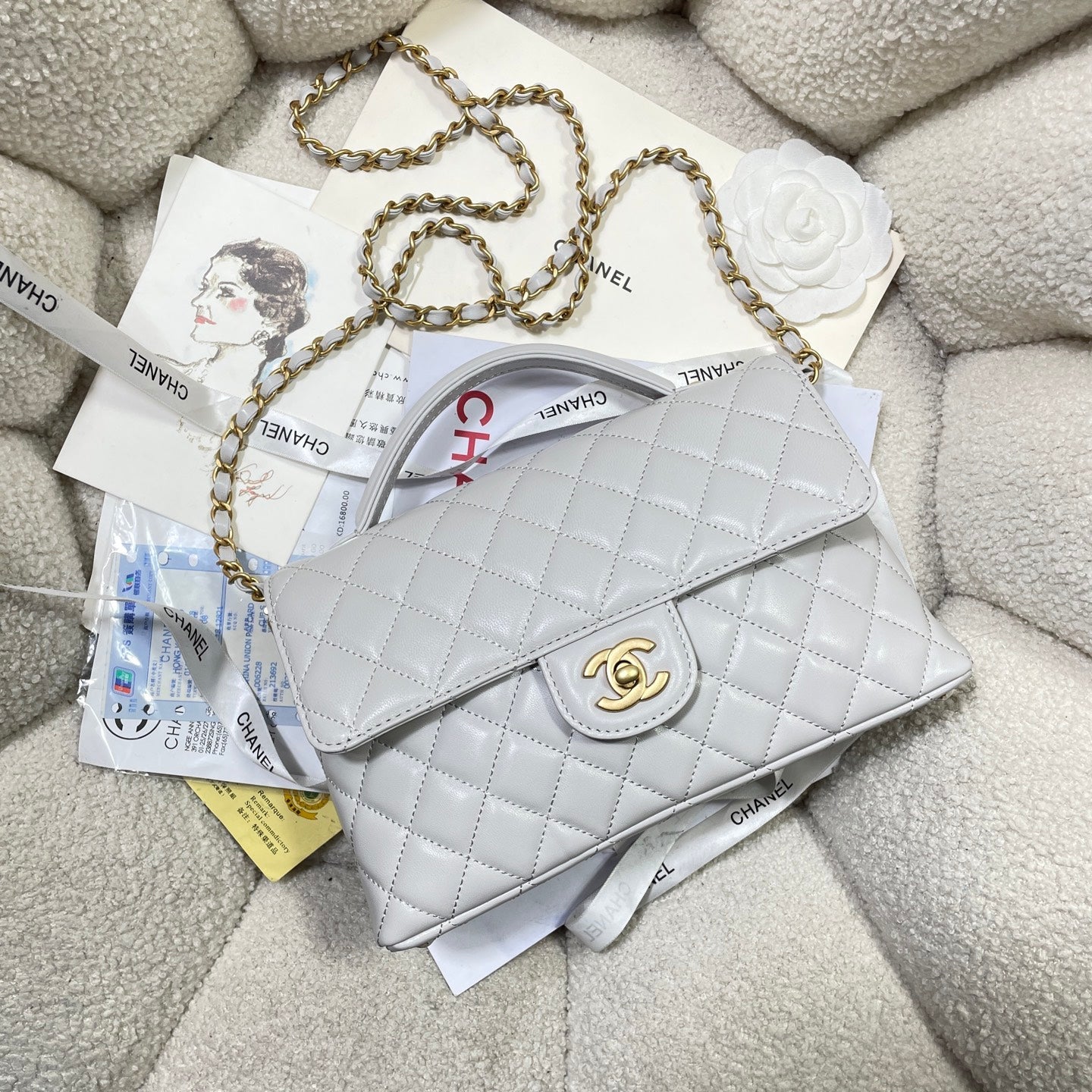 CC 25P Medium Flap Bag 25cm Top Handle Grey Calfskin Gold Hardware