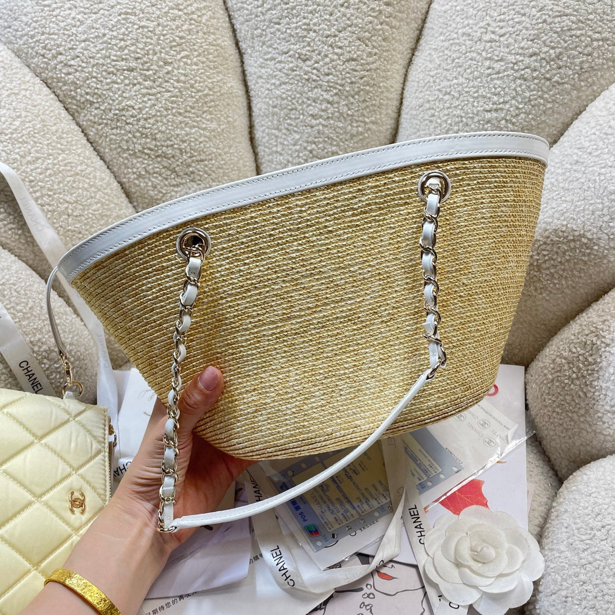 Chanel 2026 Shopping Tote Bag 41cm Raffia Suede Lambskin