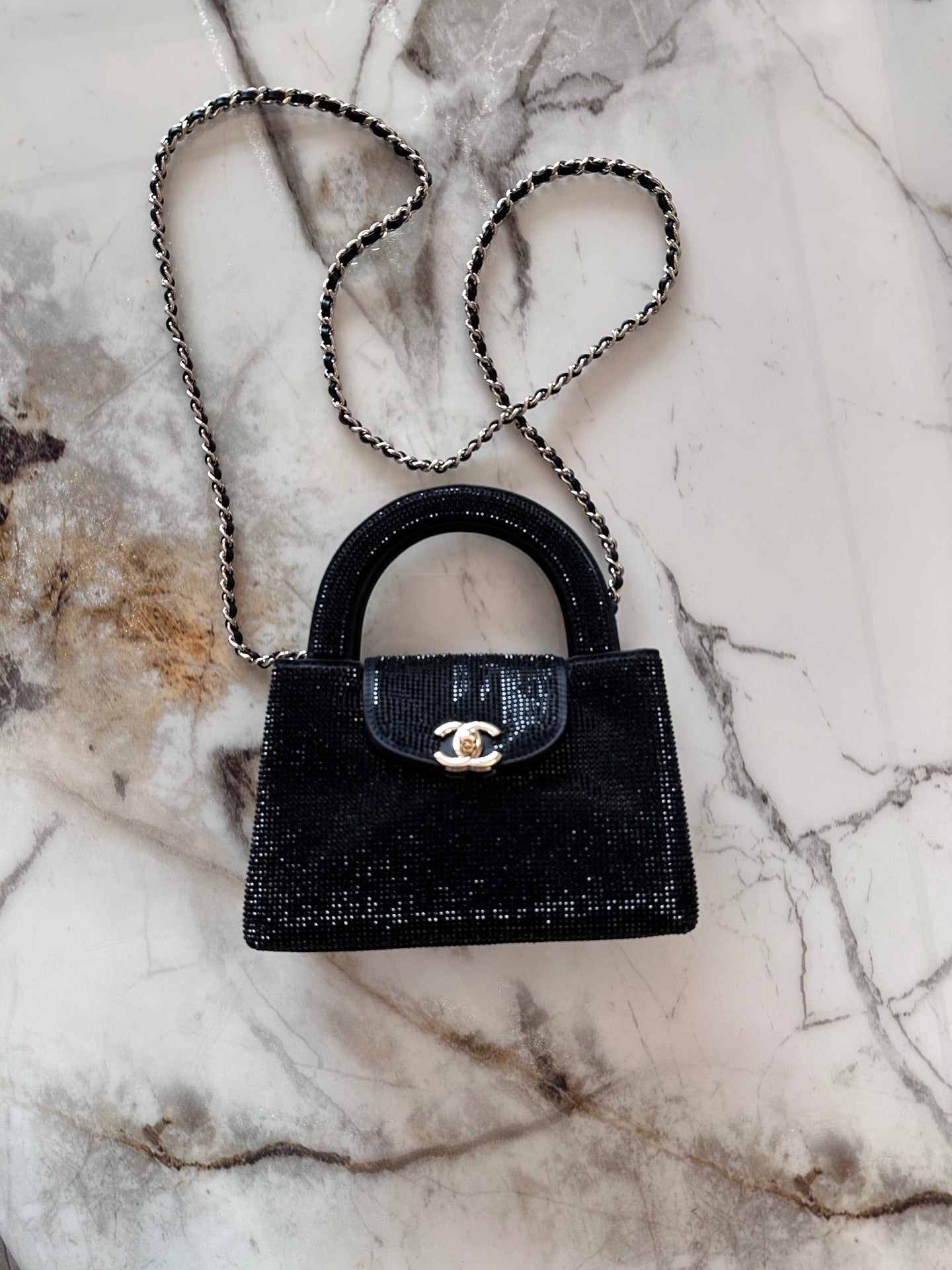 Chanel 2026 Bag 19cm Black And Silver Rhinestones Leather