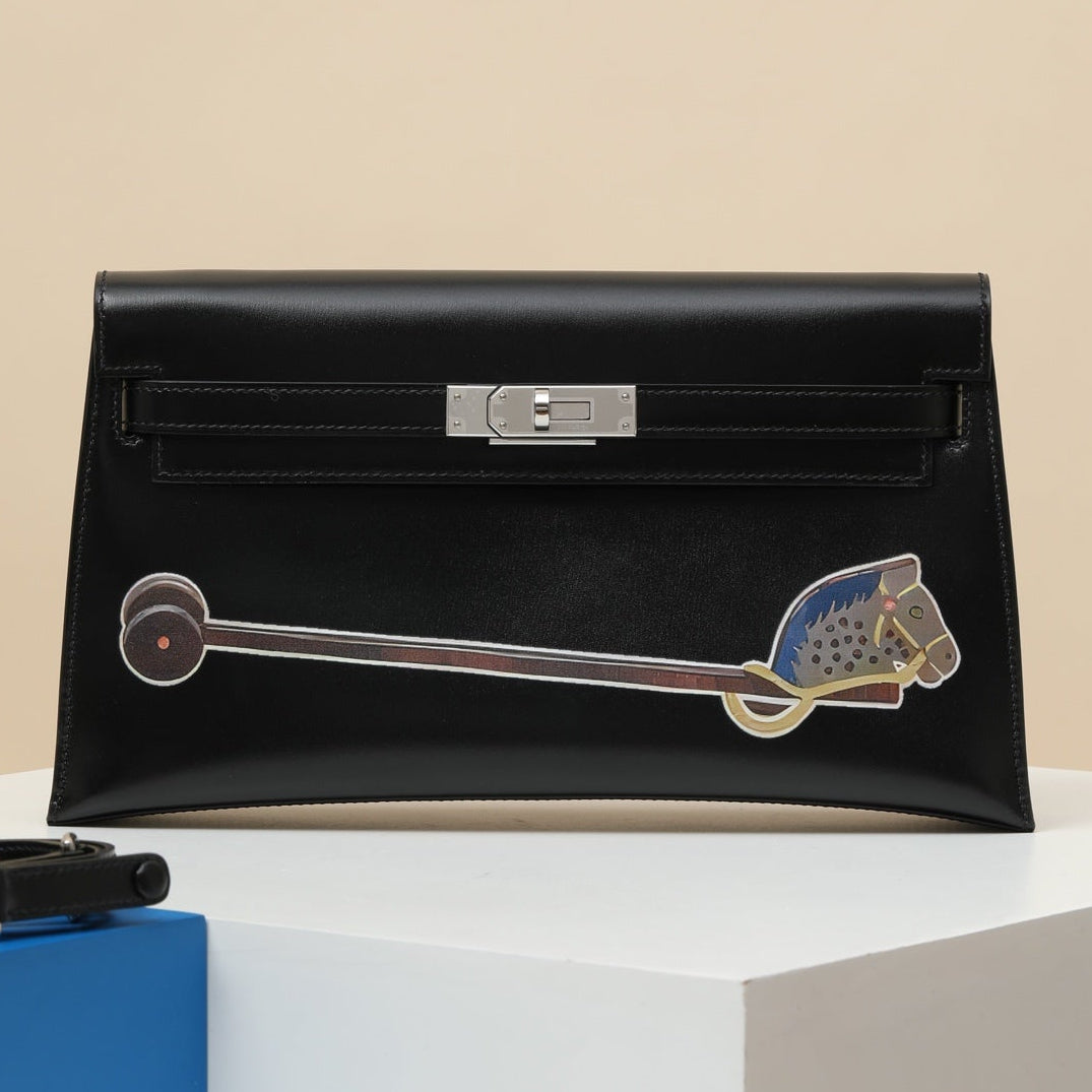 High-end Hermes 2026 Kelly Elan "Cheval de Bois" Bag 27.5cm Black Box Leather