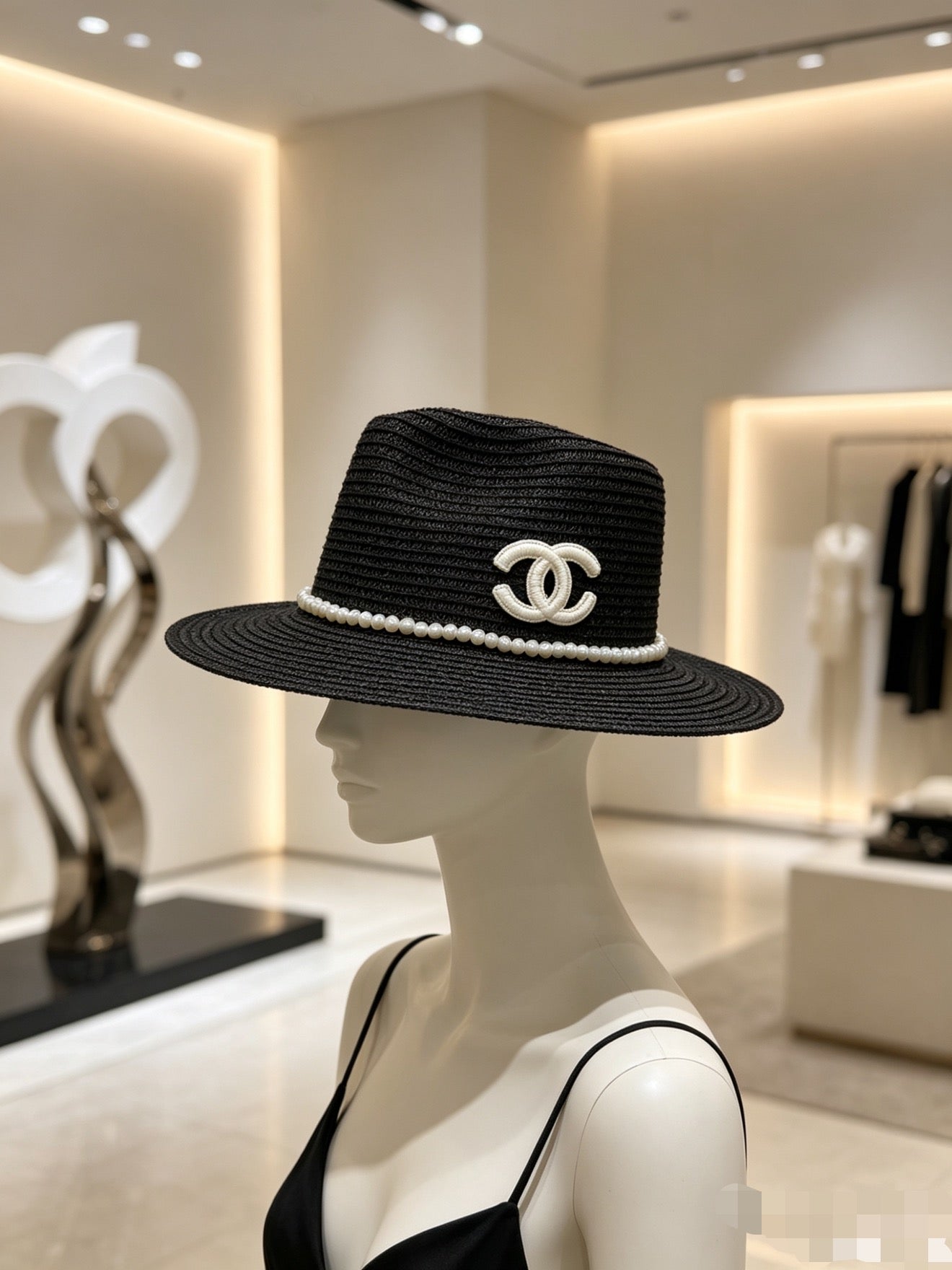 Chanel Straw Hat With Pearl and Logo 280796