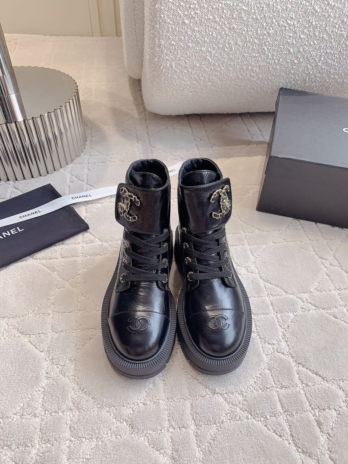CC Ankle Boots In Black Wrinkled Calfskin 145488