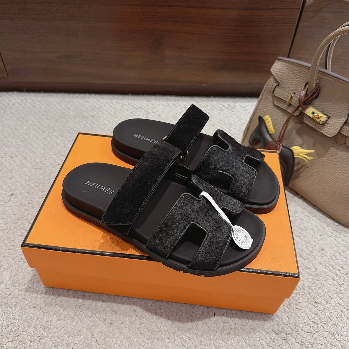 Hermes 2026 Chypre Sandal Black Moire Calfskin And Suede Goatskin 960078