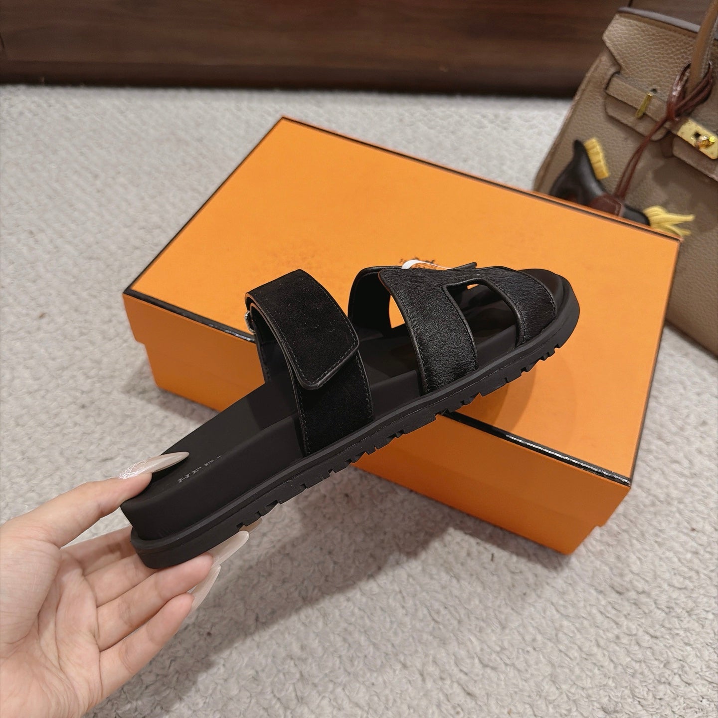 Hermes 2026 Chypre Sandal Black Moire Calfskin And Suede Goatskin 960078