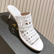 Alaia 2025 Vienne Cutout Kitten-Heel Slide Sandals White Leather 293650