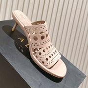 Alaia 2025 Vienne Cutout Kitten-Heel Slide Sandals Pink Leather 293651