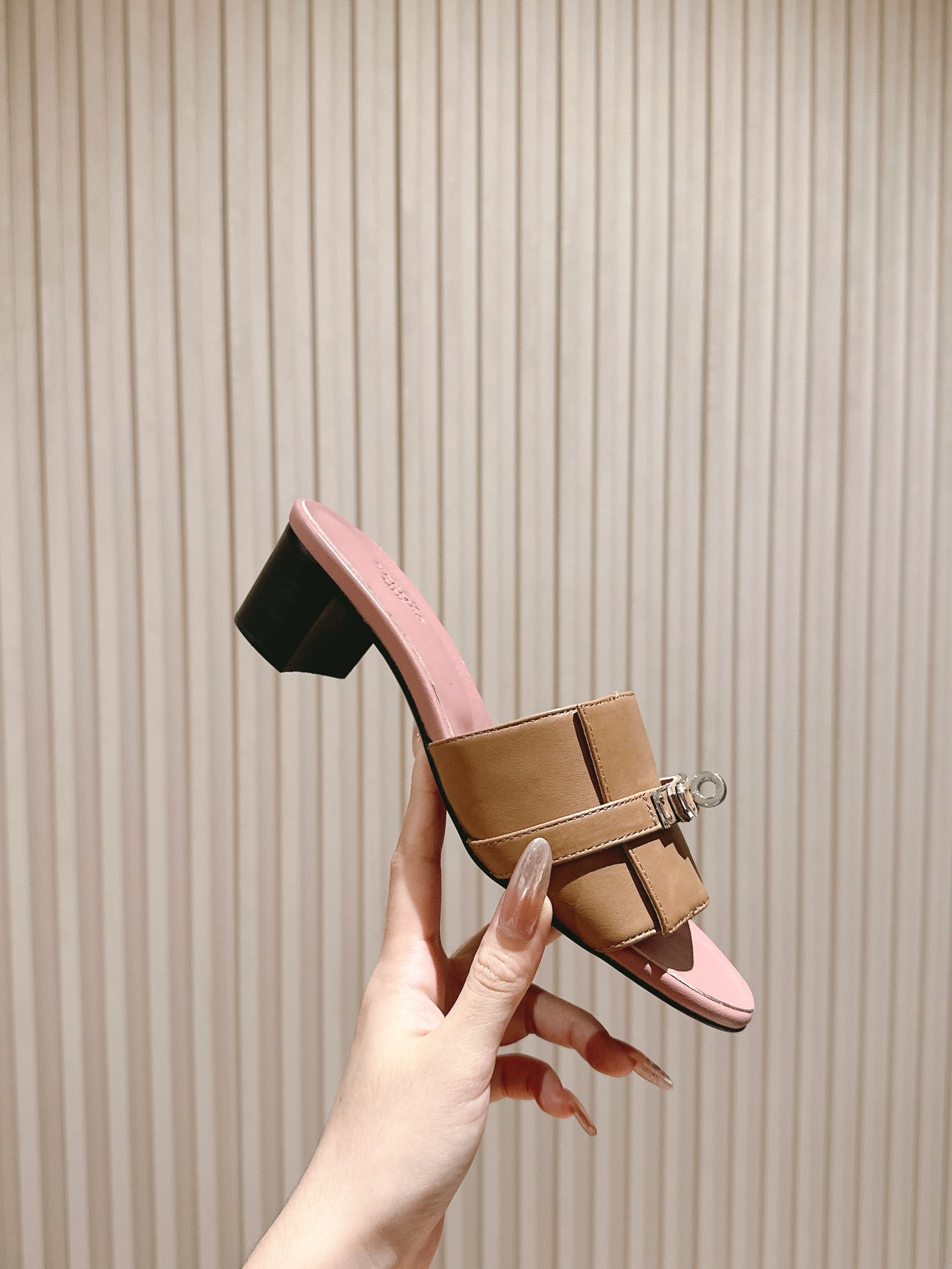 HM 2026 High Heel Slippers 65 Taupe Pink Calfskin 655857