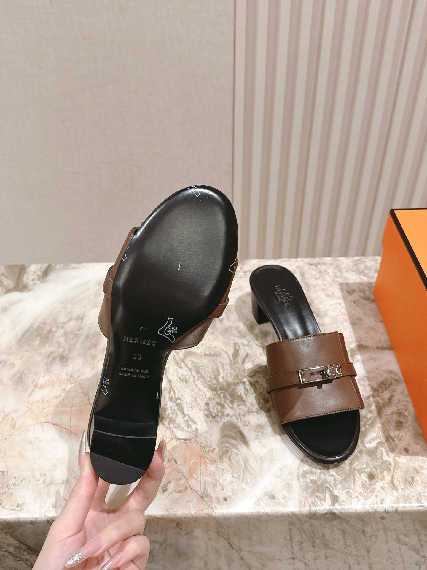 HM 2026 High Heel Slippers 65 Black Brown Calfskin 655858