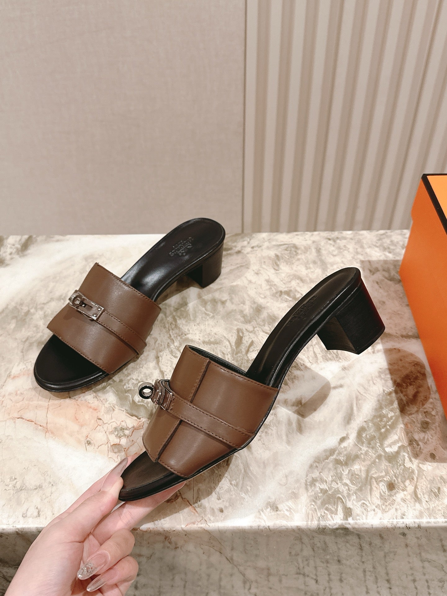 HM 2026 High Heel Slippers 65 Black Brown Calfskin 655858